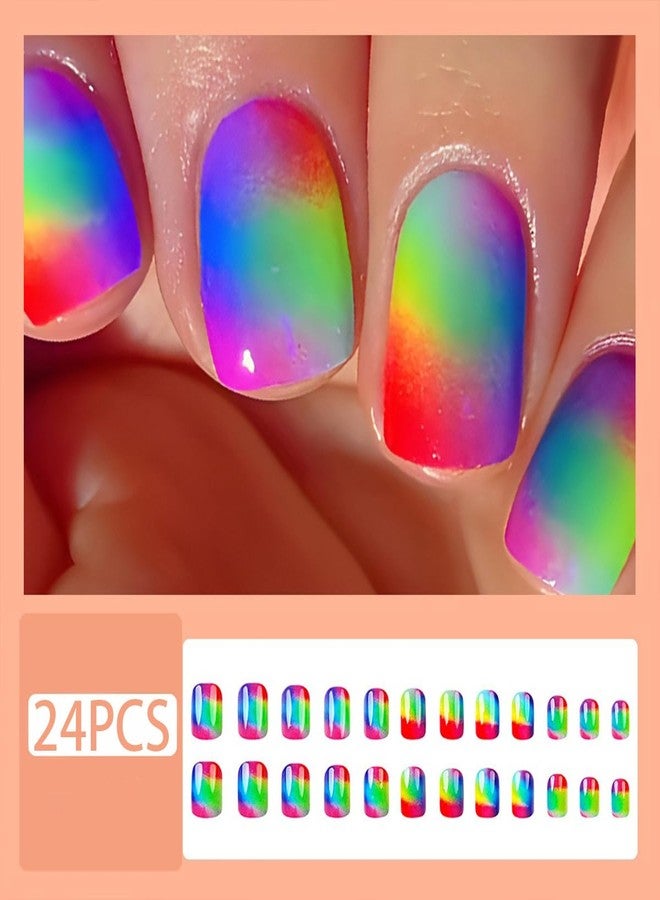 HJKDSFD 24Pcs Rainbow Press on Nails Square Short Fake Nails with Colorful Gradient Designs Full Cover Acrylic Nails Press on Glossy Artificial False Nails Cute Stick on Nails for Women Girls - Image 2